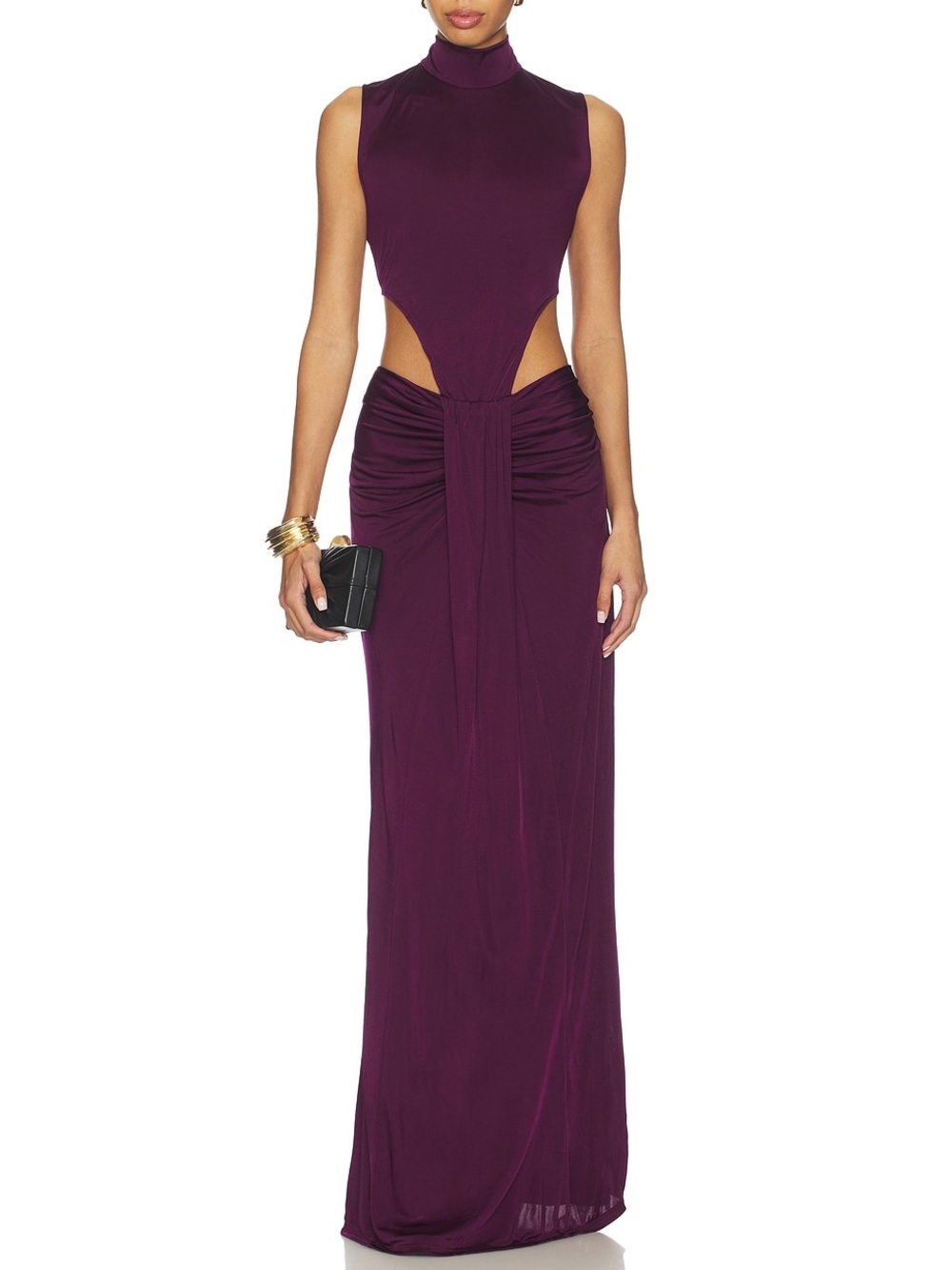 NBD The Mohini Gown Plum XS Cutout Ruched High Neck Maxi Dress $329